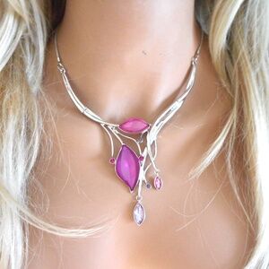 Leaf Vine Necklace Set Pink Crystals